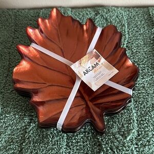 AKCAM Glass Leaf-Shaped Decorative Plate Stunning Colors! Set Of 4 NEW!